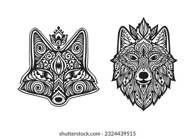 Wolf mandala Fox. Vector illustration. Adult coloring page. Spiritual Animal in Zen boho style. Sacred, Peaceful. Tattoo tribal print. Black and white svg