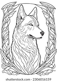 A wolf with mandala leaves coloring book page, clean line art, floral frame background, no shading, line art illustration isolated over white background.