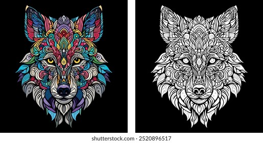 Lobo em estilo mandala para livro de coloração, ilustrações vetoriais para adultos. Coloração anti-stress para adultos. Lobo em duas versões, colorido e branco com fundo preto.