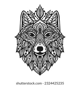 Wolf mandala. Vector illustration. Adult coloring page. Spiritual Animal in Zen boho style. Sacred, Peaceful. Tattoo tribal print. Black and white svg