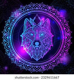 Wolf mandala. Vector illustration. Adult coloring page. Spiritual Animal in Zen boho style. Psychedelic  mystical print svg