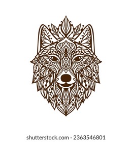Wolf mandala. Vector illustration. Adult coloring page. Wild Animal in Zen boho style. Sacred, Peaceful. Tattoo print ornaments. Black and white svg