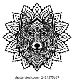 Wolf mandala. Vector illustration. Adult coloring page. Wild Animal in Zen boho style. Sacred, Peaceful. Tattoo print ornaments. Black and white svg