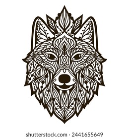 Wolf mandala. Vector illustration. Adult coloring page. Spiritual Animal in Zen boho style. Sacred, Peaceful. Tattoo tribal print. Black and white svg