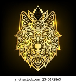 Wolf mandala. Vector illustration. Esoteric Sacred geometry. Spiritual Wild Animal in Zen boho style. Gold print svg