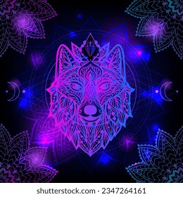 Wolf mandala. Vector illustration. Esoteric Sacred geometry. Spiritual Animal in Zen boho style. Psychedelic  mystical print svg