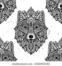 Wolf mandala. Vector pattern illustration. Esoteric, Spiritual Wild Animal in Zen boho style. Black and white print svg