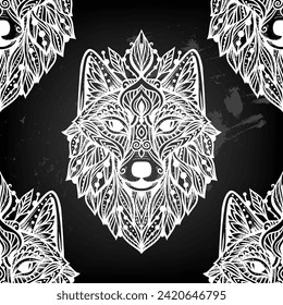 Wolf mandala. Vector pattern illustration. Esoteric, Spiritual Wild Animal in Zen boho style. Black and white print svg