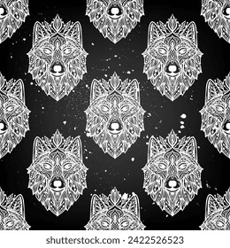 Wolf mandala. Vector pattern illustration. Esoteric, Spiritual Wild Animal in Zen boho style. Black and white hippie print svg