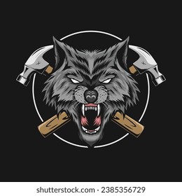 wolf mascot with cross hammer illustration