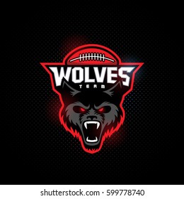 Wolf mascot for a football team on a dark background. Vector illustration.