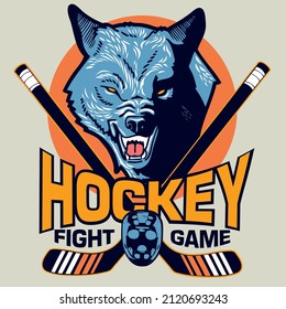 Wolf mascot of a hockey team with crossed hockey sticks and a hockey mask. Hockey mascot illustration concept.