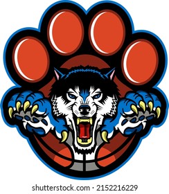 wolf mascot inside basketball paw print for school, college or league
