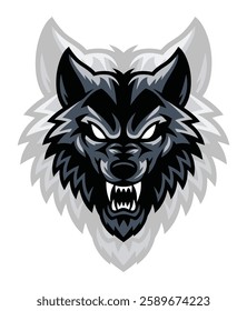 Wolf Mascot Logo with Intense White Eyes – Vector Illustration. A fierce and aggressive wolf mascot logo featuring sharp fangs, bold fur detailing, and glowing white eyes. 