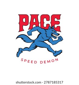 Wolf mascot running fast with aggressive expression and intense speed, pace speed demon, sports mascot, athletic action.