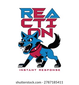 Wolf mascot with snarling teeth, reaction text, instant response phrase, fierce look, sports team graphic.