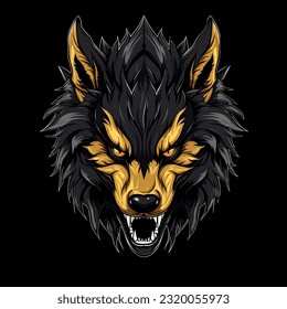 Wolf mascot sport logo design. Wolf animal mascot head vector illustration logo. Wolf head emblem design for eSports team. Character for sport and gaming logo concept. Black background.