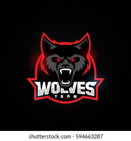 Wolf mascot for a sport team on a dark background. Vector illustration.