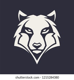 Wolf mascot vector art. Frontal symmetric image of wolf looking dangerous. Vector monochrome icon.