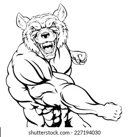 Wolf mascot or werewolf wolfman character or sports mascot fighting punching with a fist