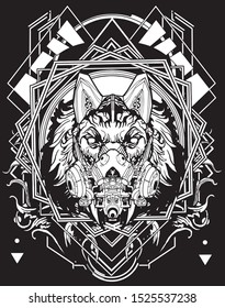 wolf mask robot cybernetic black and white with sacred geometry background for tshirt design