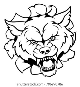 A wolf mean animal sports mascot breaking through the background