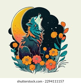 A wolf in the middle of a moonlit night under a flower bush