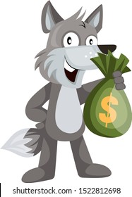 Wolf with money bags, illustration, vector on white background.