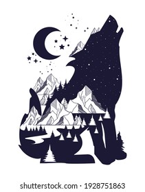 wolf and moon double exposure