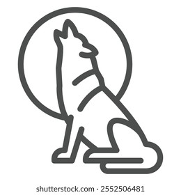 Lobo con icono de línea lunar, concepto de perro salvaje de la naturaleza. Gráficos de Vector. Signo de hombre lobo sobre fondo blanco, icono de estilo de contorno para móvil o Diseño web