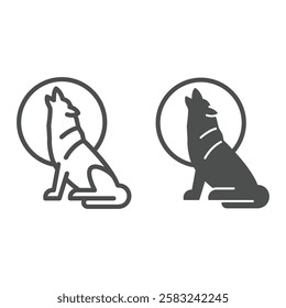 Wolf with moon line and solid icon, nature wild dog concept. Vector graphics. Werewolf sign on white background, outline style icon for mobile or web design