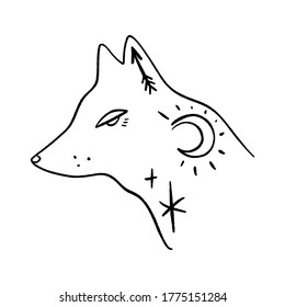 Wolf moon logo. Ornate animal. Modern witch concept. Witchcraft culture. Harmony and zen. Crescent magic symbols. Vector illustration.