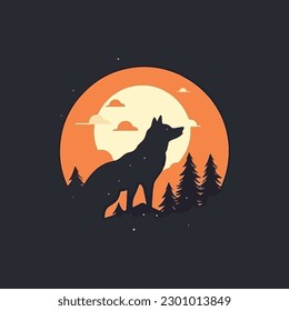 wolf moon nature pine night vector
