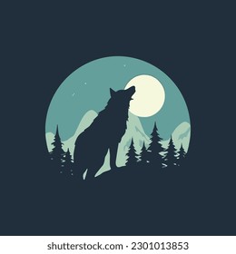 wolf moon nature pine night vector