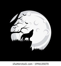 wolf and moon in the night logo vector illustration in black background