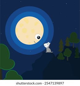 lobo com lua na montanha, ilustração vetorial, árvores, estrelas