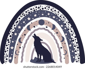 The wolf moon. Template or poster with cute wolf, moon circle and stars for girl or boy. Stay wild moon. Nursery prints with doodle illustrations. Ideal for room decoration, clothes