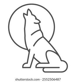 Lobo con el icono de la línea delgada de la luna, concepto del perro salvaje de la naturaleza. Gráficos de Vector. Signo de hombre lobo sobre fondo blanco, icono de estilo de contorno para móvil o Diseño web