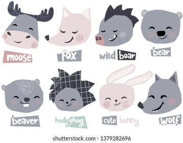 Wolf, moose, bunny, bear, boar, hedgehog, beaver, fox head baby cute print. Sweet animal character face. Cool illustration for nursery, t-shirt, kids apparel, baby party invitation Simple child design