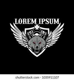 wolf with motorcycle engine and wings vector logo template