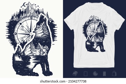 Wolf, mountain and compass tattoo art. Symbol tourism, travel, adventure, outdoor t-shirt design. Vector graphics template. Hand drawn illustration 