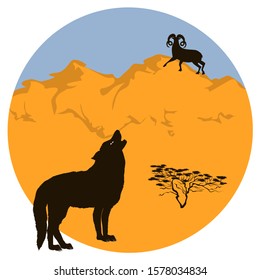 Wolf and mountain goat on top of the mountain - round icon isolated on white background - vector. Environmental Protection. Animal world.