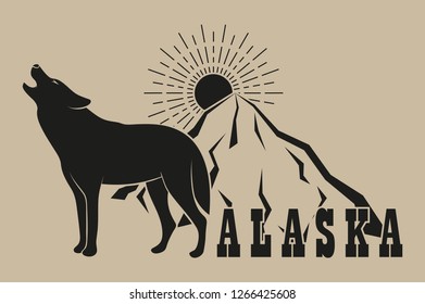 Wolf mountain sun and text alaska on background