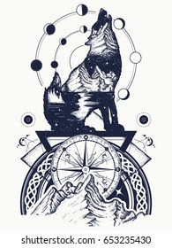 Wolf and mountains double exposure tattoo art. Symbol tourism, travel, adventure, outdoor t-shirt design 