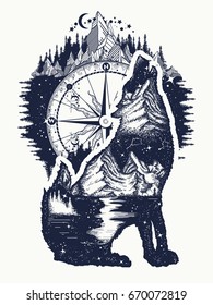 Wolf and mountains double exposure tattoo art. Symbol tourism, travel, adventure outdoor t-shirt design
