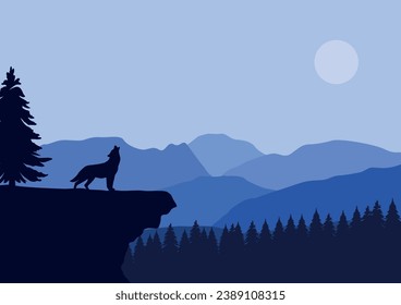 Wolf in mountains and forest. Vector illustration in flat style.