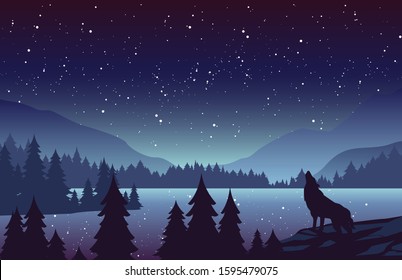 Wolf in mountains landscape flat vector illustration. Night nature scenery with fir trees and hills on horizon. Animal howling at full moon. Stars in sky. River in woods scene cartoon background.