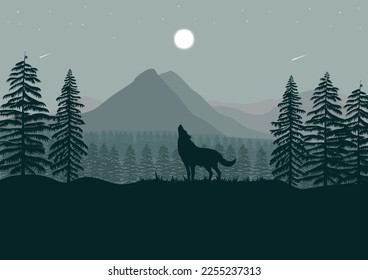 wolf and mountains landscape with full moon at night vector illustration