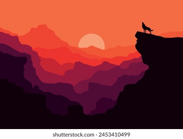 Wolf in mountains landscape panorama in the sunset. Vector illustration in flat style.