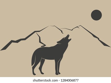 Wolf mountains and moon on a colored background.